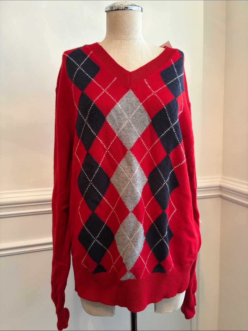 Zara Red Argyle V-Neck Sweater